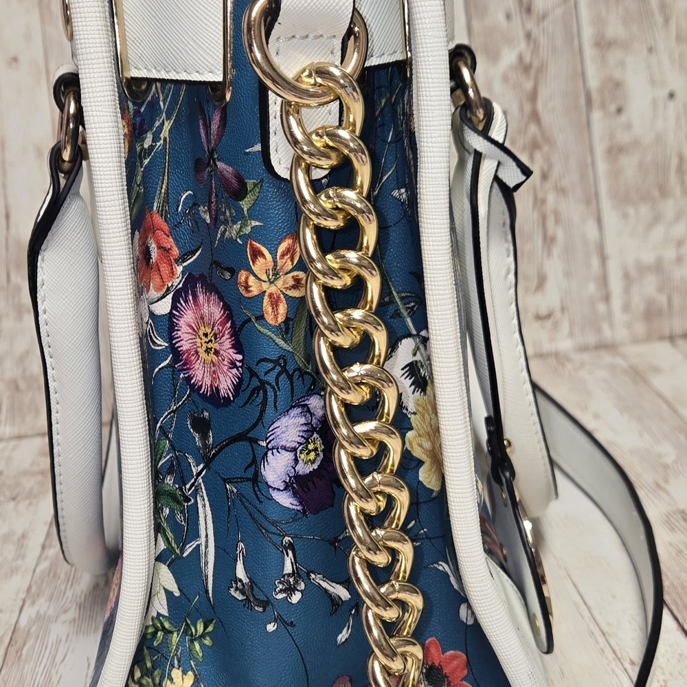 Dasein Floral Satchel Crossbody Bag Blue White Gold Hardware - Picture 14 of 14